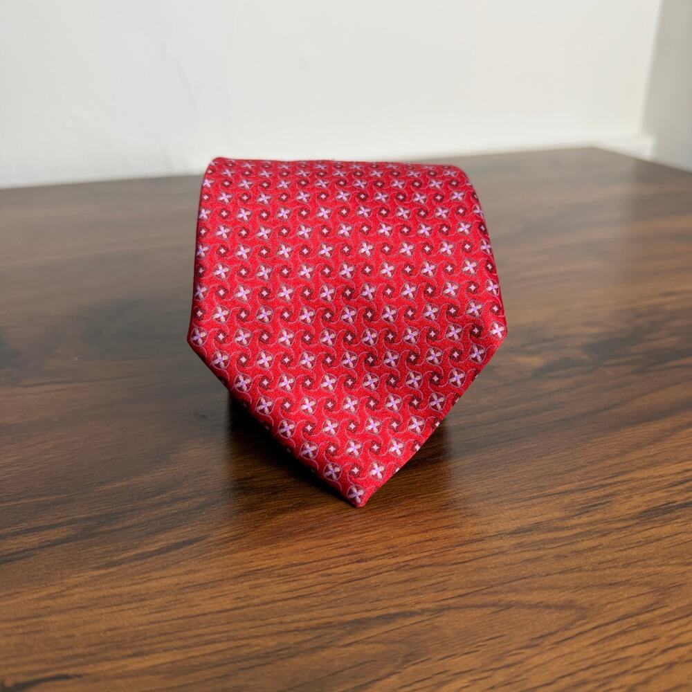 Ermenegildo Zegna Mens Geometric Tie Size 60X3.5 Red 100% Silk Made in Italy
